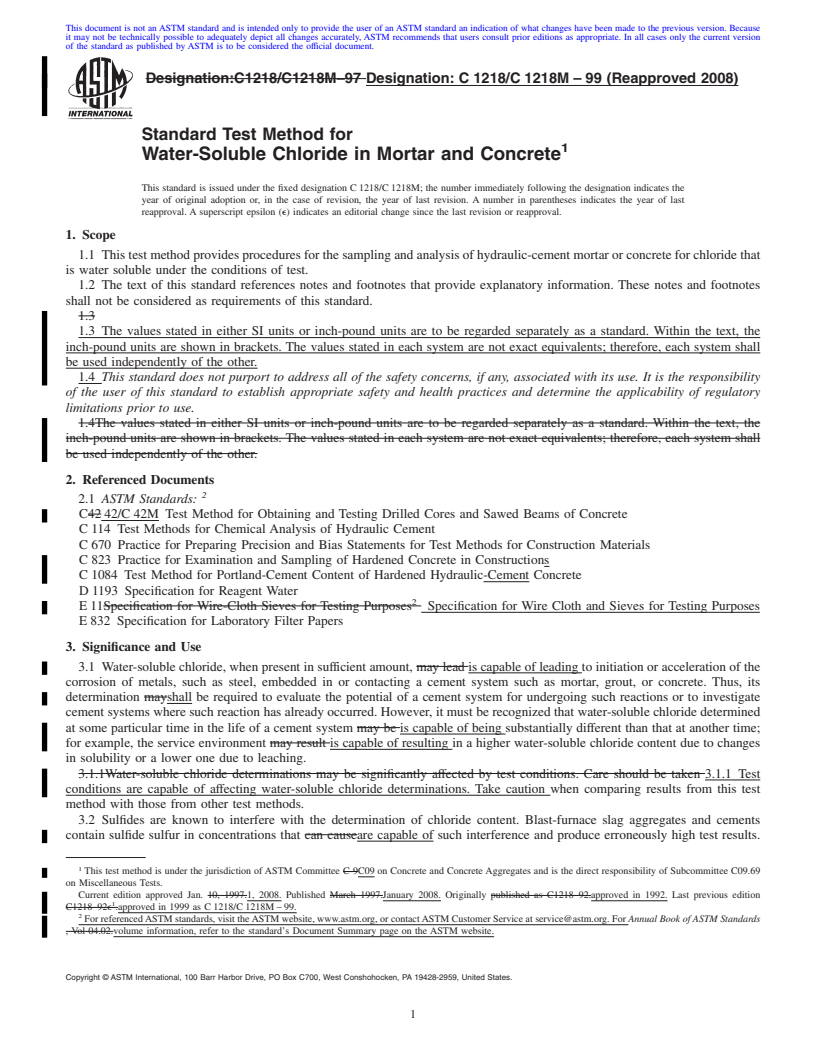 REDLINE ASTM C1218/C1218M-99(2008) - Standard Test Method for Water-Soluble Chloride in Mortar and Concrete