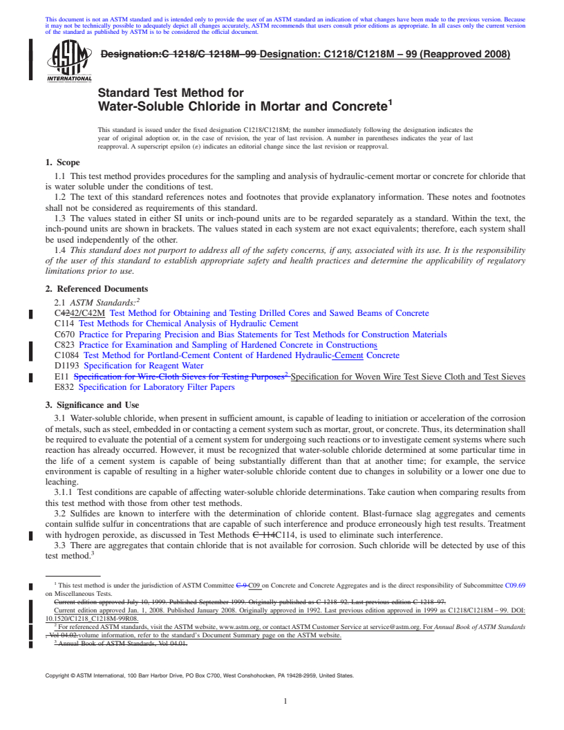 REDLINE ASTM C1218/C1218M-99(2008) - Standard Test Method for Water-Soluble Chloride in Mortar and Concrete