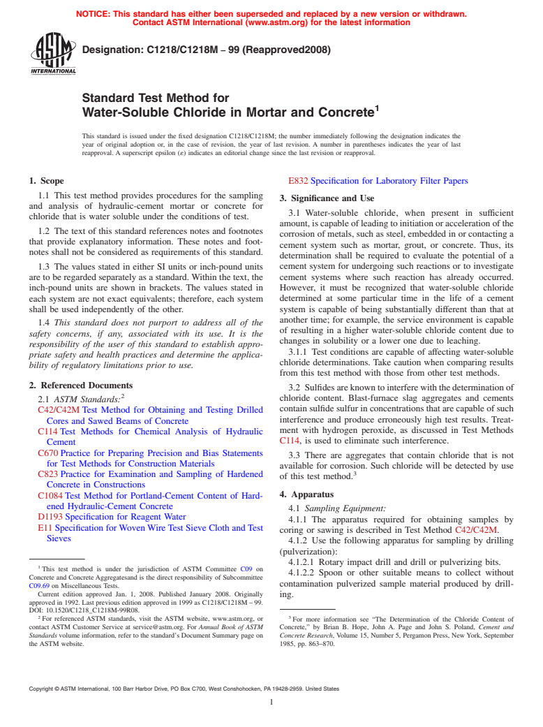 ASTM C1218/C1218M-99(2008) - Standard Test Method for Water-Soluble Chloride in Mortar and Concrete