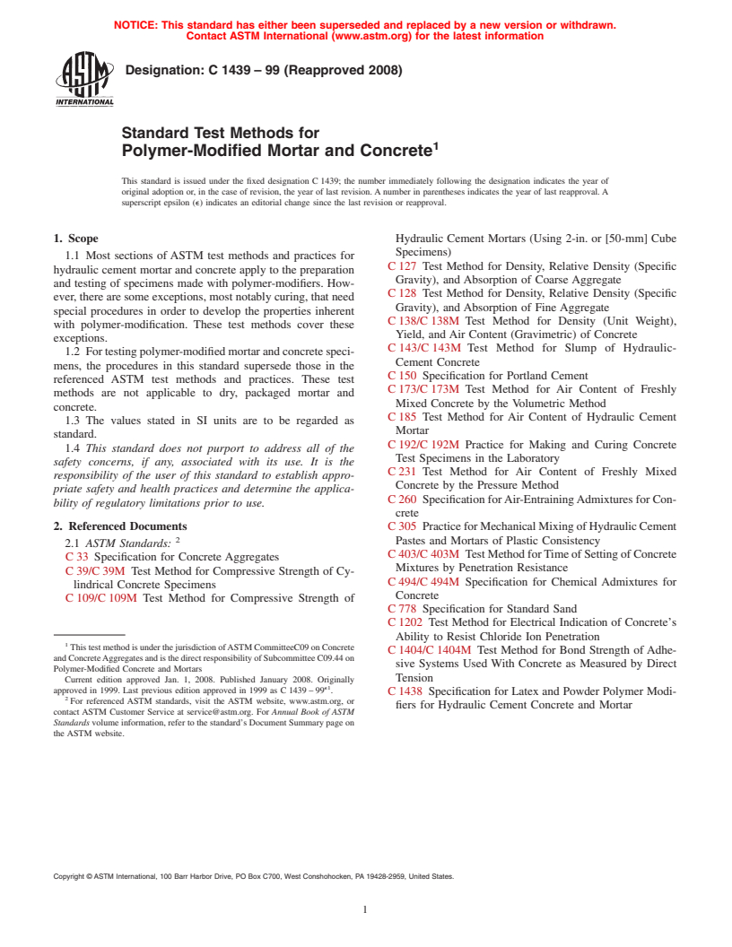 ASTM C1439-99(2008) - Standard Test Methods for Polymer-Modified Mortar and Concrete