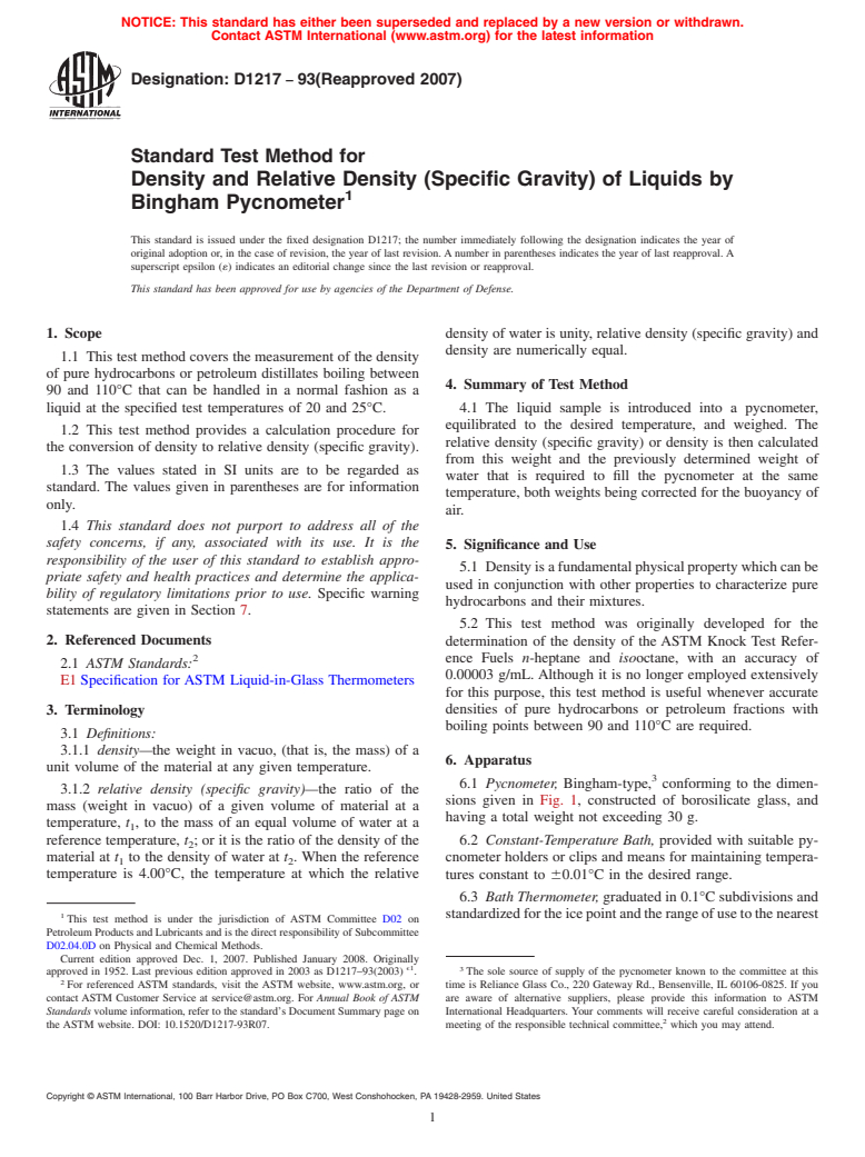 ASTM D1217-93(2007) - Standard Test Method for Density and Relative Density (Specific Gravity) of Liquids by Bingham Pycnometer