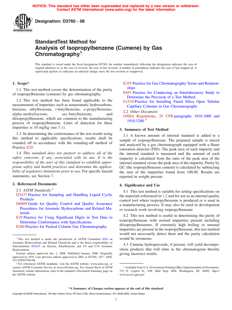 ASTM D3760-08 - Standard Test Method for Analysis of Isopropylbenzene (Cumene) by Gas Chromatography