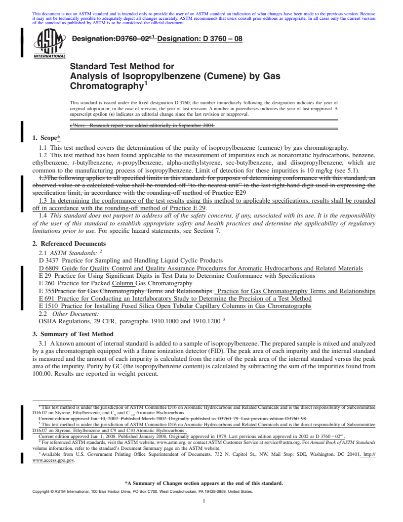 REDLINE ASTM D3760-08 - Standard Test Method for Analysis of Isopropylbenzene (Cumene) by Gas Chromatography