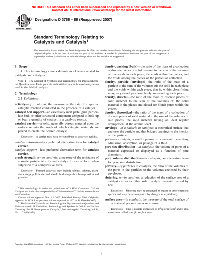 ASTM D3766-86(2007) - Standard Terminology Relating to Catalysts and Catalysis