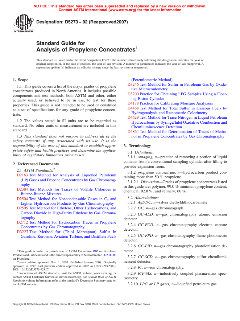 ASTM D5273-92(2007) - Standard Guide for Analysis of Propylene Concentrates