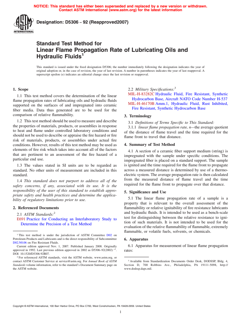 ASTM D5306-92(2007) - Standard Test Method for Linear Flame Propagation Rate of Lubricating Oils and Hydraulic Fluids