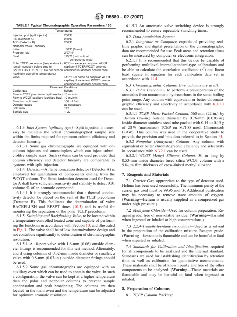 ASTM D5580-02(2007) - Standard Test Method for Determination of Benzene, Toluene, Ethylbenzene,  <span class="italic"> p/m</span>-Xylene, <span class="italic">o</span>-Xylene, C<sub>9</sub> and Heavier Aromatics, and Total Aromatics in Finished Gasoline by Gas Chromatography