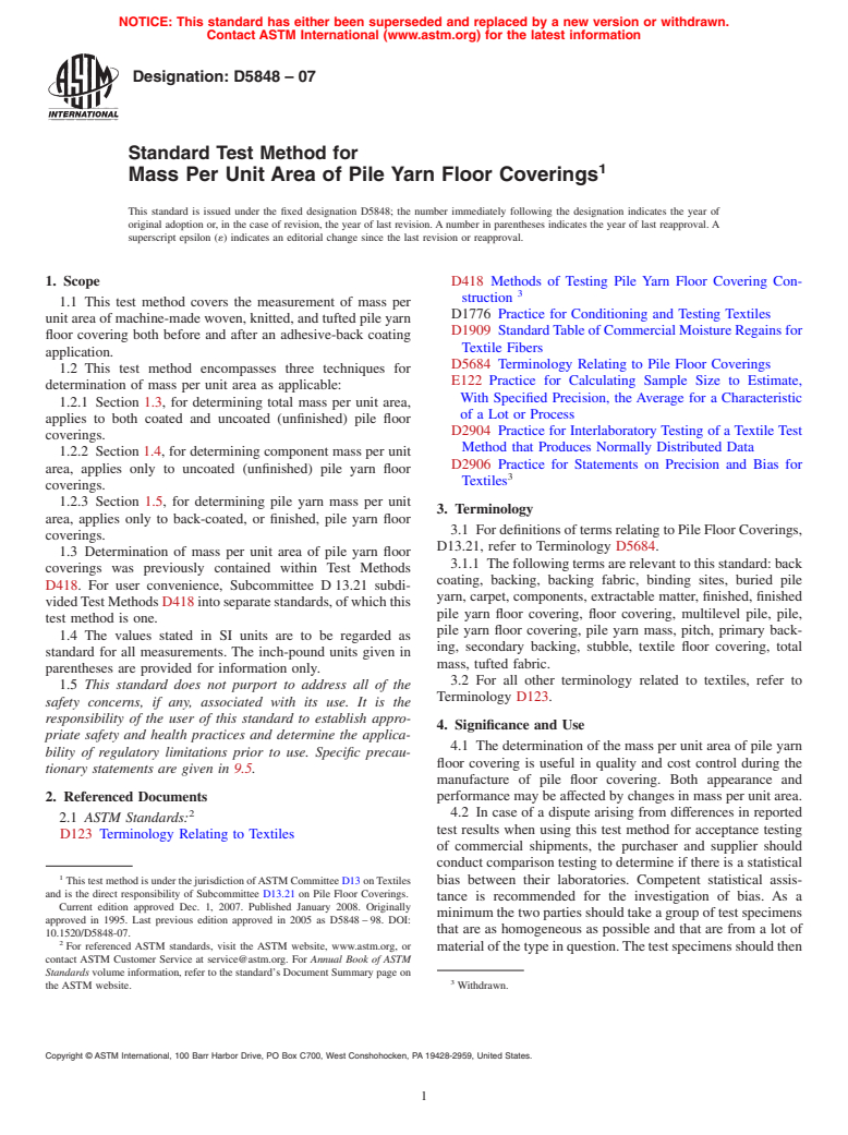 ASTM D5848-07 - Standard Test Method for  Mass Per Unit Area of Pile Yarn Floor Coverings