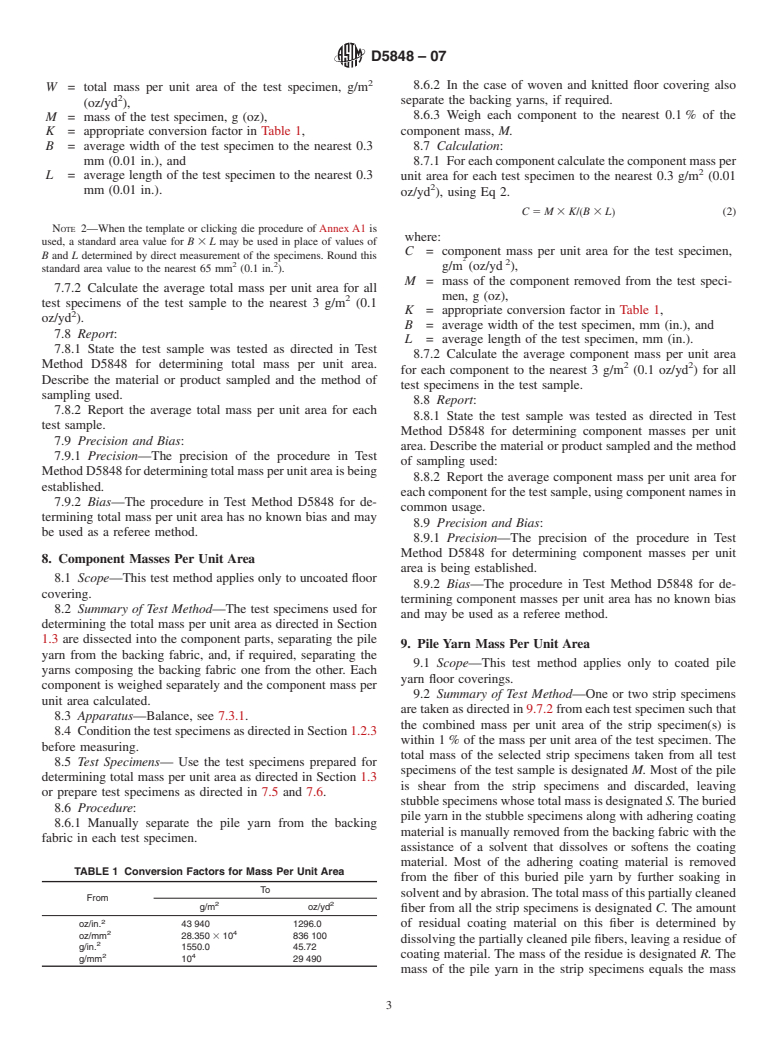 ASTM D5848-07 - Standard Test Method for  Mass Per Unit Area of Pile Yarn Floor Coverings