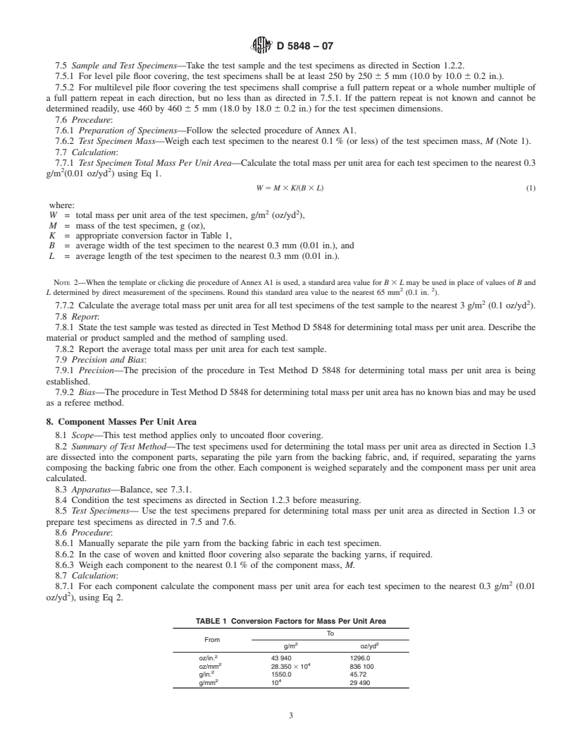 REDLINE ASTM D5848-07 - Standard Test Method for  Mass Per Unit Area of Pile Yarn Floor Coverings