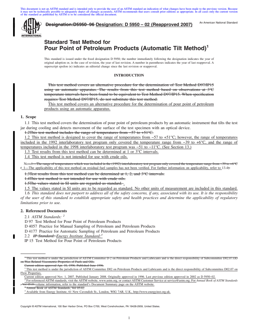 REDLINE ASTM D5950-02(2007) - Standard Test Method for Pour Point of Petroleum Products (Automatic Tilt Method)