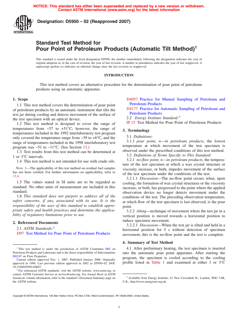 ASTM D5950-02(2007) - Standard Test Method for Pour Point of Petroleum Products (Automatic Tilt Method)