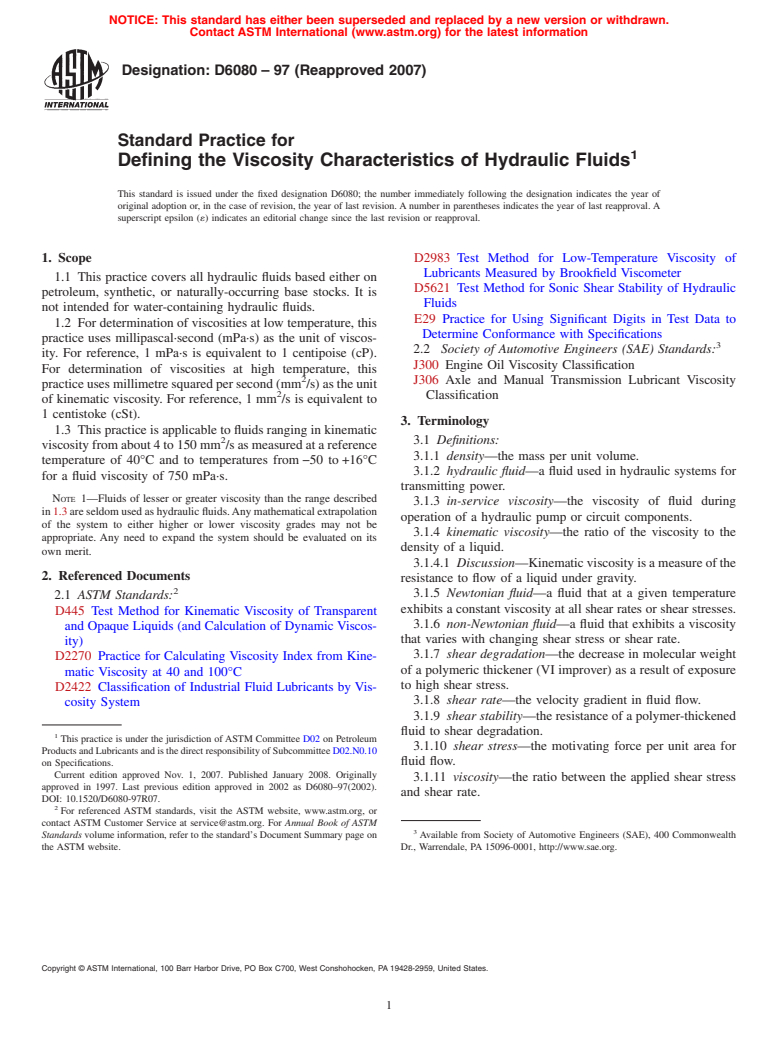 ASTM D6080-97(2007) - Standard Practice for Defining the Viscosity Characteristics of Hydraulic Fluids