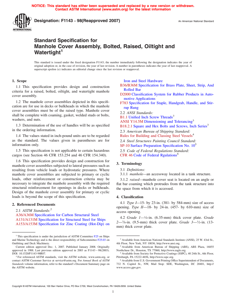 ASTM F1143-98(2007) - Standard Specification for Manhole Cover Assembly, Bolted, Raised, Oiltight and Watertight