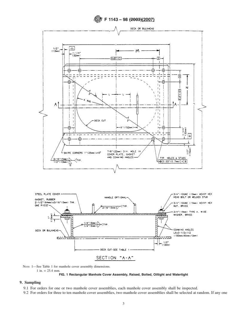 REDLINE ASTM F1143-98(2007) - Standard Specification for Manhole Cover Assembly, Bolted, Raised, Oiltight and Watertight