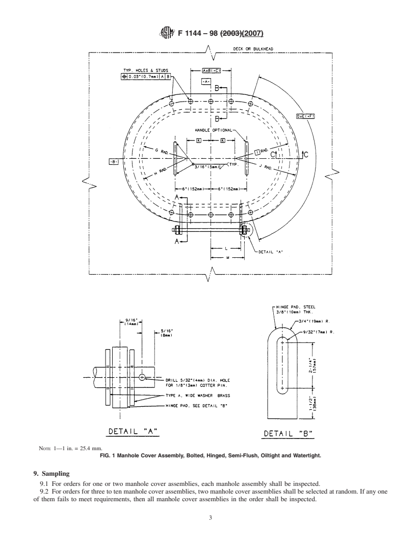 REDLINE ASTM F1144-98(2007) - Standard Specification for Manhole Cover Assembly, Bolted, Semi-Flush, Oiltight and Watertight, Hinged