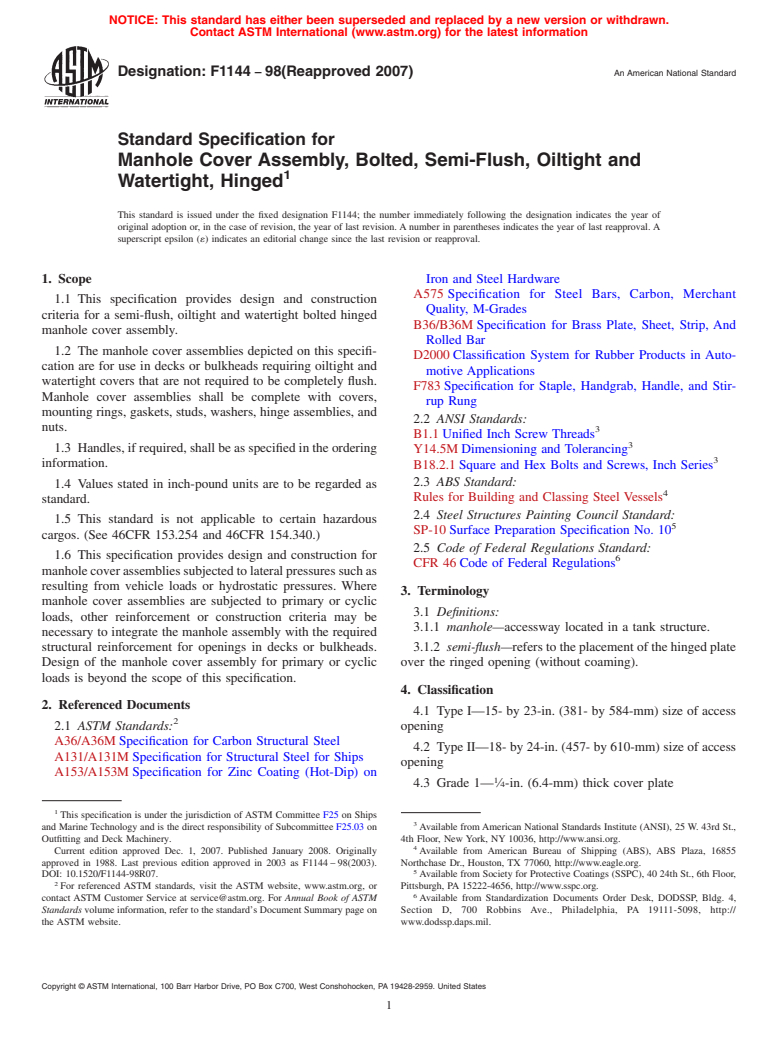 ASTM F1144-98(2007) - Standard Specification for Manhole Cover Assembly, Bolted, Semi-Flush, Oiltight and Watertight, Hinged