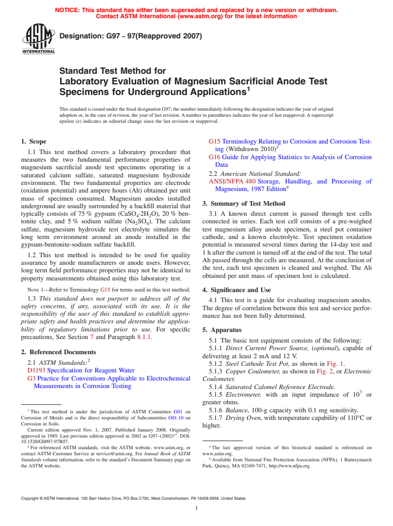 ASTM G97-97(2007) - Standard Test Method for Laboratory Evaluation of Magnesium Sacrificial Anode Test Specimens for Underground Applications