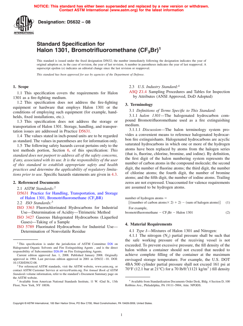 ASTM D5632-08 - Standard Specification for Halon 1301, Bromotrifluoromethane (CF<sub>3</sub>Br)