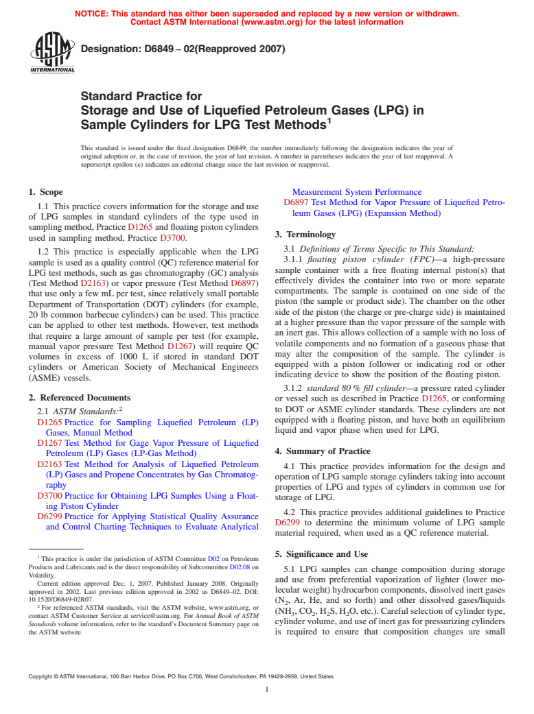 ASTM D6849-02(2007) - Standard Practice for Storage and Use of Liquefied Petroleum Gases (LPG) in Sample Cylinders for LPG Test Methods