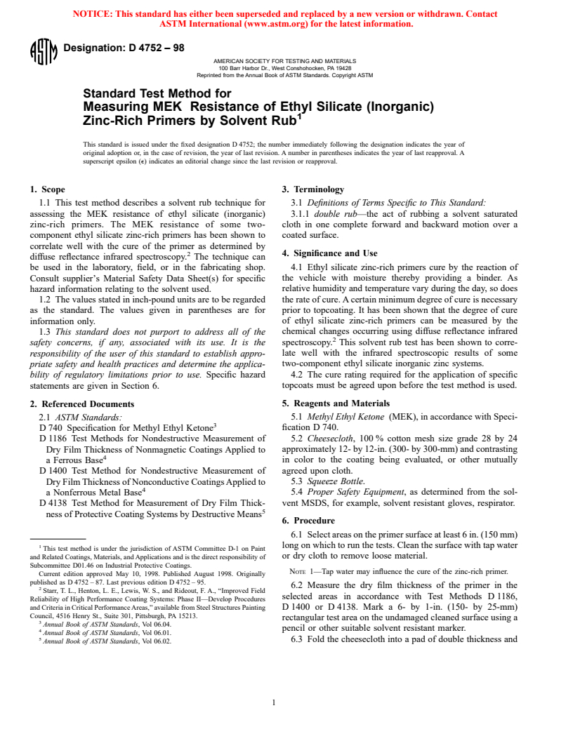 ASTM D4752-98 - Standard Test Method for Measuring MEK Resistance of Ethyl Silicate (Inorganic) Zinc-Rich Primers by Solvent Rub