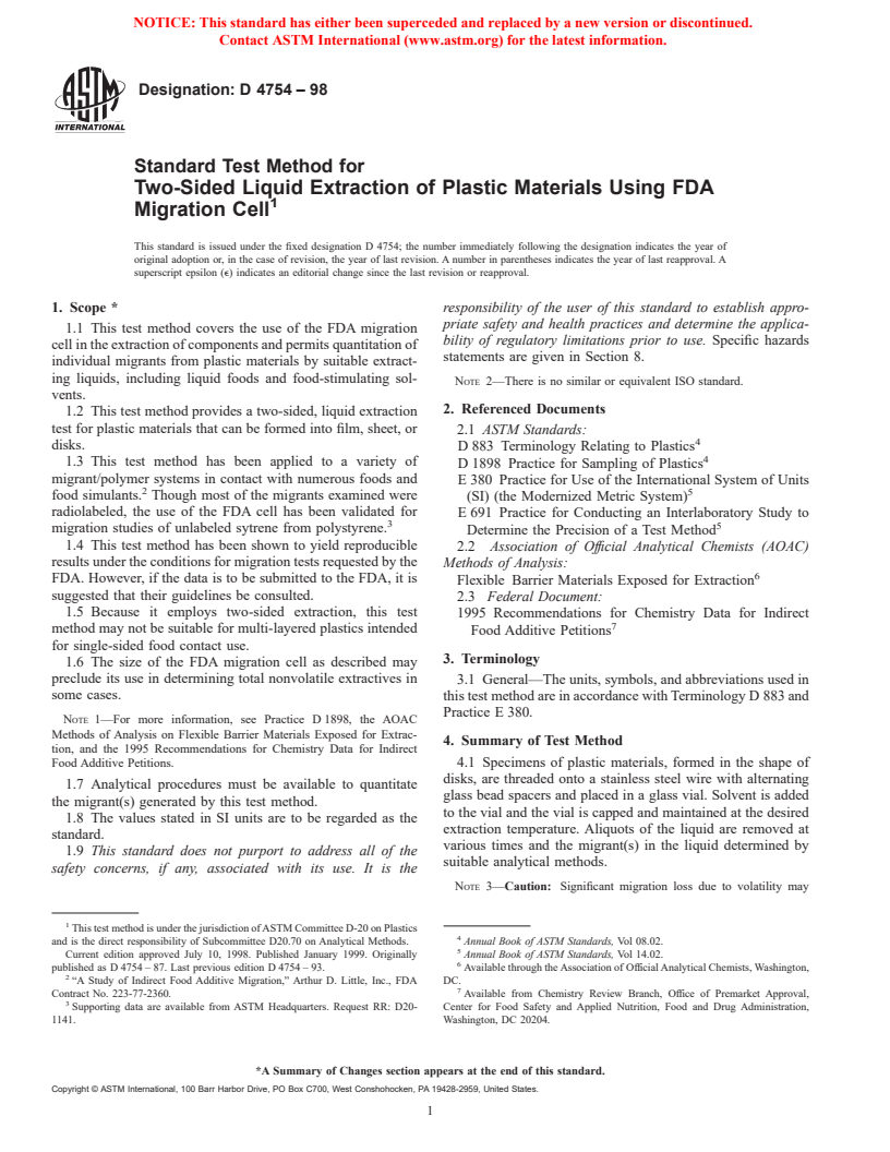 ASTM D4754-98 - Standard Test Method for Two-Sided Liquid Extraction of Plastic Materials Using FDA Migration Cell