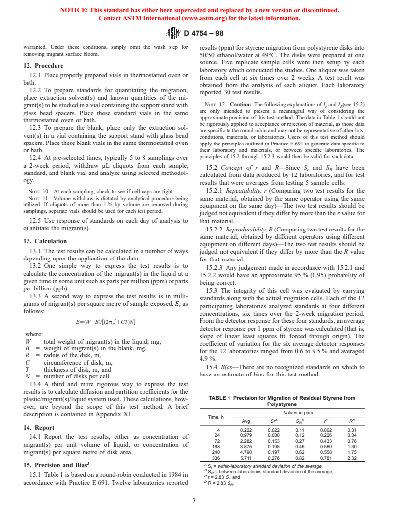 ASTM D4754-98 - Standard Test Method for Two-Sided Liquid Extraction of Plastic Materials Using FDA Migration Cell