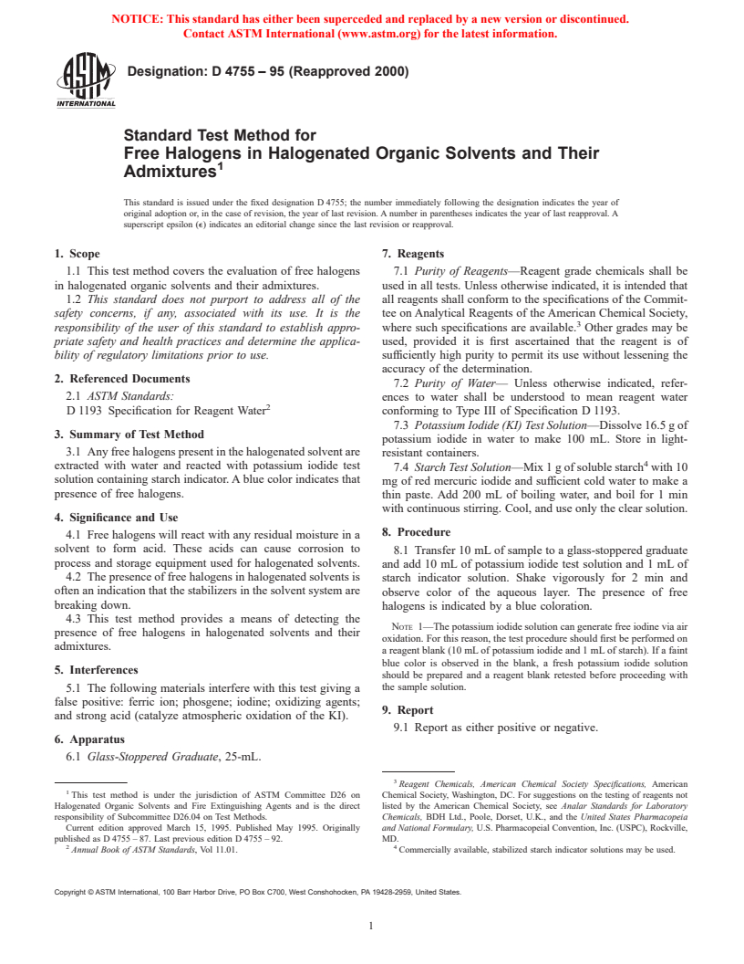 ASTM D4755-95(2000) - Standard Test Method for Free Halogens in Halogenated Organic Solvents and Their Admixtures