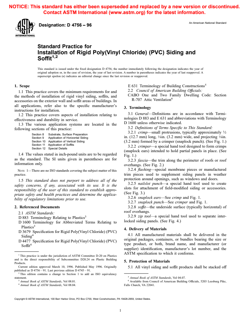 ASTM D4756-96 - Standard Practice for Installation of Rigid Poly(Vinyl Chloride) (PVC) Siding and Soffit