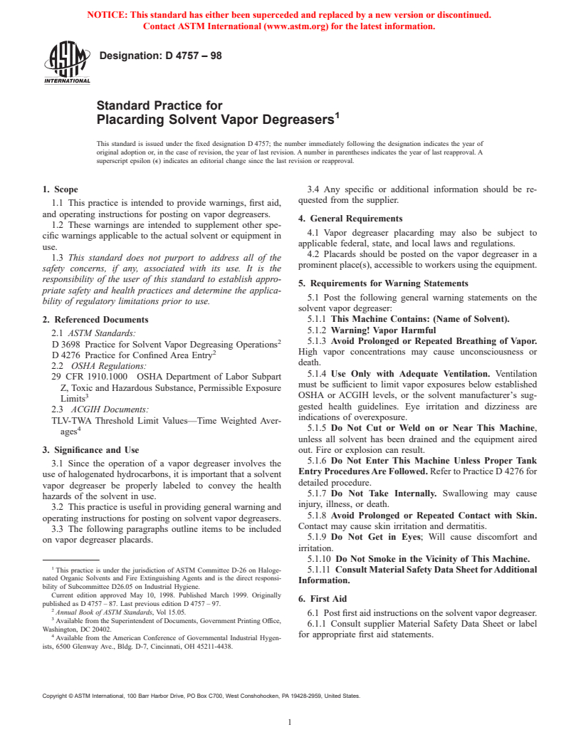 ASTM D4757-98 - Standard Practice for Placarding Solvent Vapor Degreasers (Withdrawn 2004)