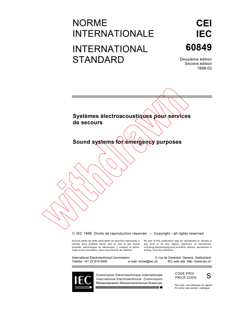 IEC 60849:1998 - Sound systems for emergency purposes
Released:2/26/1998
Isbn:283184245X