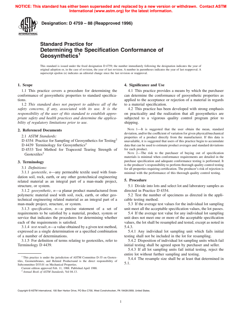 ASTM D4759-88(1996) - Standard Practice for Determining the Specification Conformance of Geosynthetics