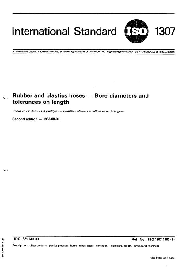 ISO 1307:1983 - Rubber and plastics hoses -- Bore diameters and tolerances on length