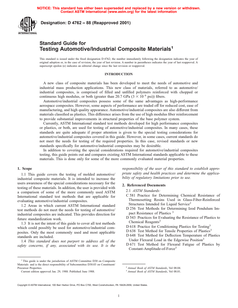 ASTM D4762-88(2001) - Standard Guide for Testing Automotive/Industrial Composite Materials