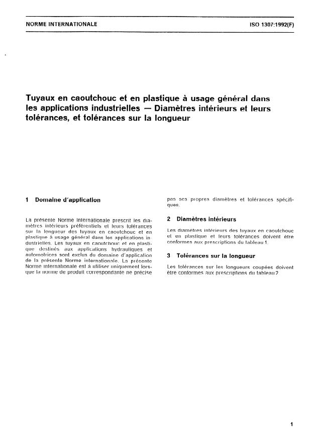 ISO 1307:1992 - Tuyaux en caoutchouc et en plastique a usage général dans les applications industrielles -- Diametres intérieurs et leurs tolérances, et tolérances sur la longueur