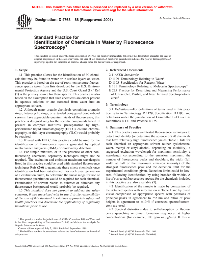 ASTM D4763-88(2001) - Standard Practice for Identification of Chemicals in Water by Fluorescence Spectroscopy