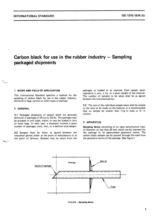 ISO 1310:1974 - Carbon black for use in the rubber industry -- Sampling packaged shipments