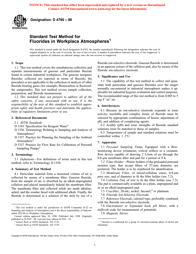 ASTM D4765-98 - Standard Test Method for Fluorides in Workplace Atmospheres