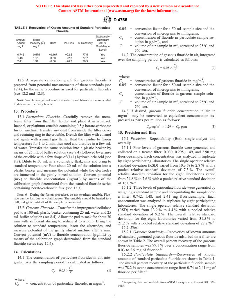 ASTM D4765-98 - Standard Test Method for Fluorides in Workplace Atmospheres