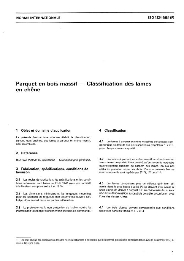 ISO 1324:1985 - Parquet en bois massif -- Classification des lames en chene