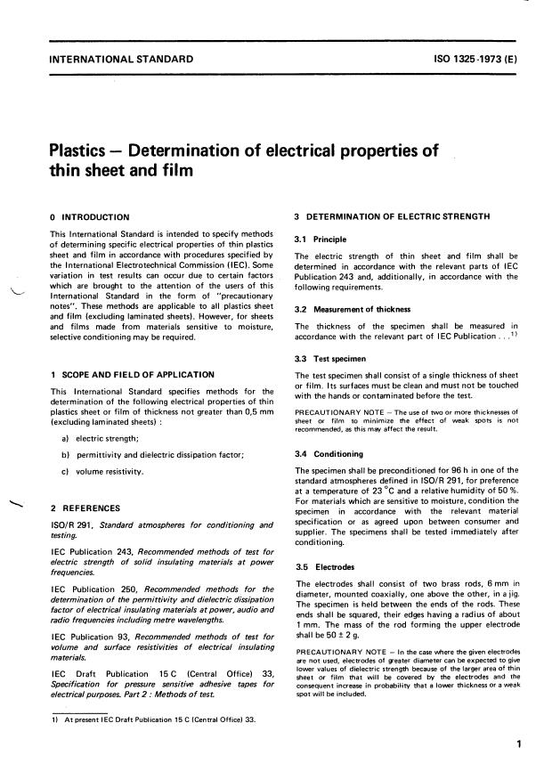ISO 1325:1973 - Plastics -- Determination of electrical properties of thin sheet and film
