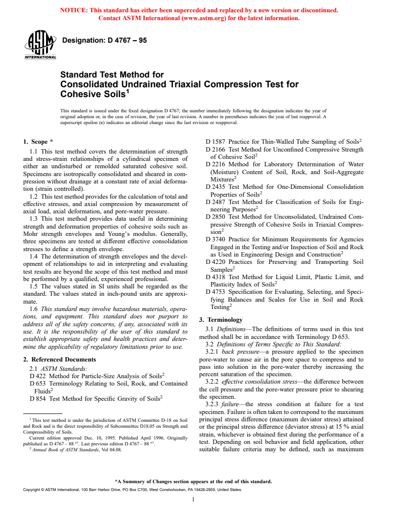 ASTM D4767-95 - Standard Test Method for Consolidated Undrained Triaxial Compression Test for Cohesive Soils