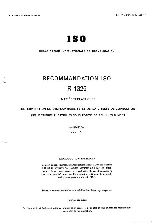 ISO/R 1326:1970 - Matieres plastiques -- Détermination de l'inflammabilité et de la vitesse de combustion des matieres plastiques sous forme de feuilles minces