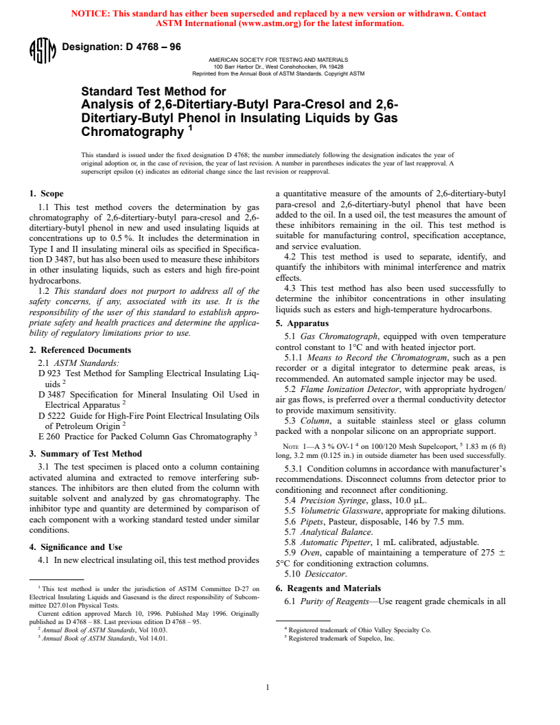 ASTM D4768-96 - Standard Test Method for Analysis of 2,6-Ditertiary-Butyl Para-Cresol and 2,6-Ditertiary- Butyl Phenol in Insulating Liquids by Gas Chromatography