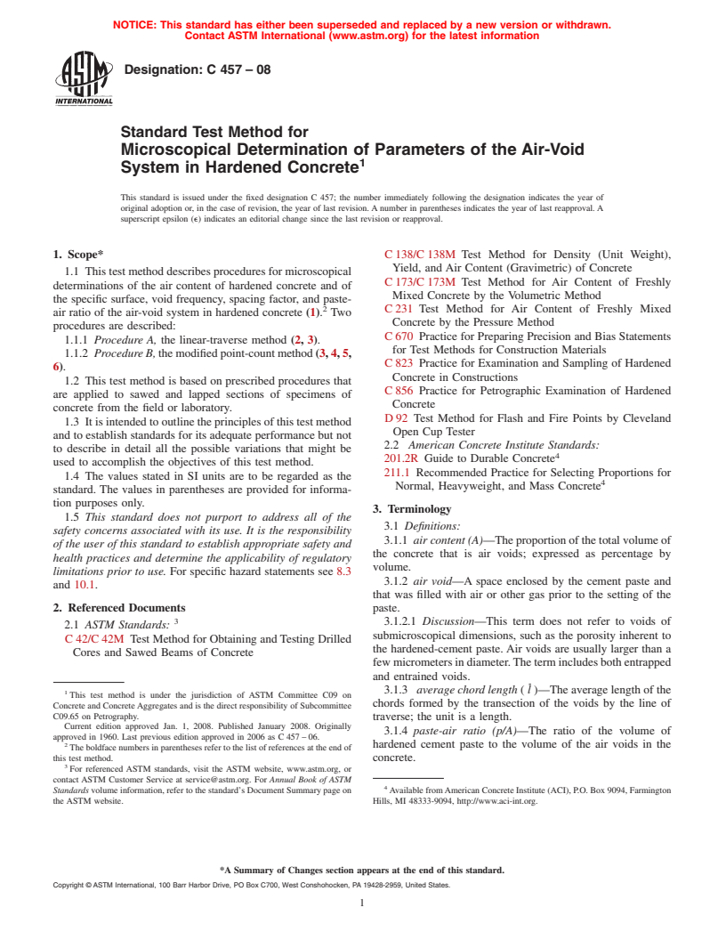 ASTM C457-08 - Standard Test Method for  Microscopical Determination of Parameters of the Air-Void System in   Hardened Concrete