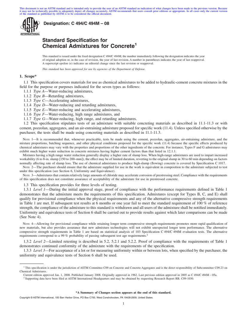 REDLINE ASTM C494/C494M-08 - Standard Specification for  Chemical Admixtures for Concrete