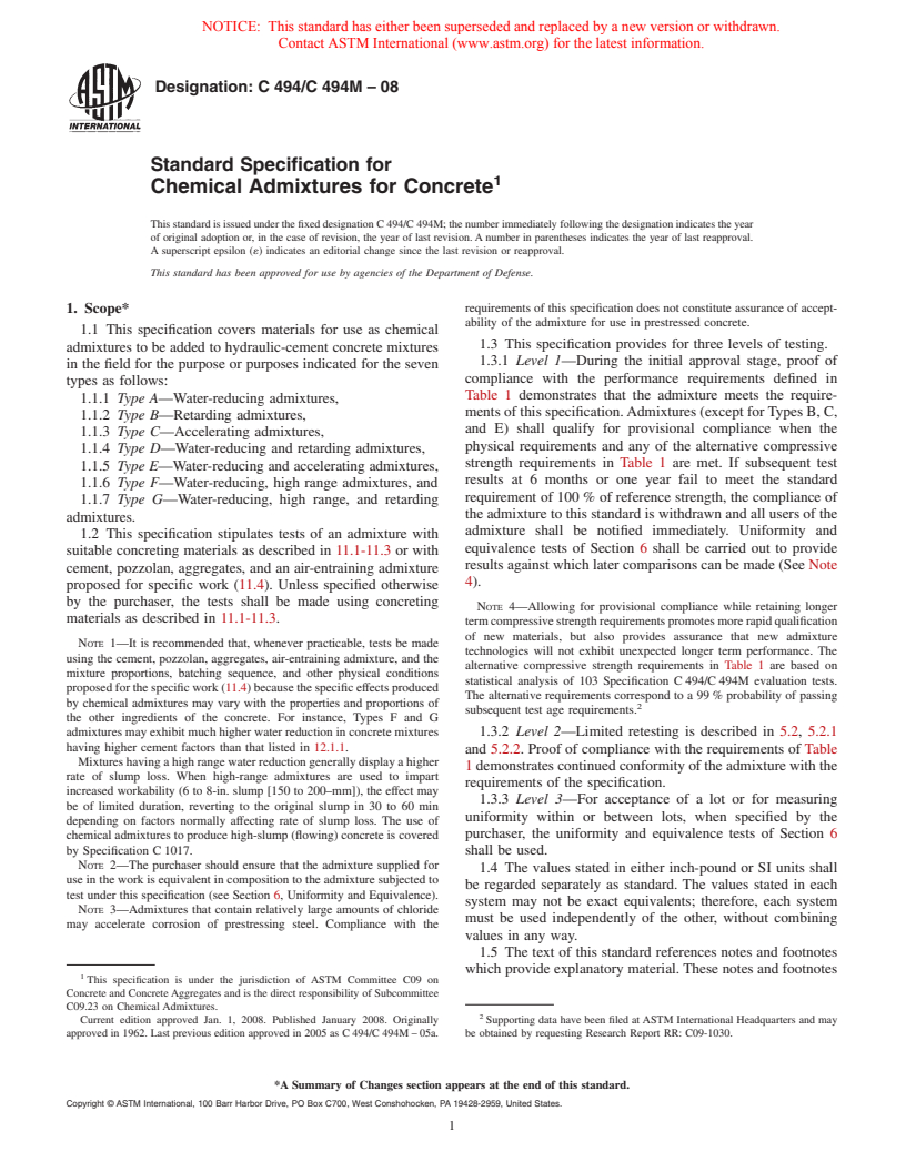 ASTM C494/C494M-08 - Standard Specification for  Chemical Admixtures for Concrete