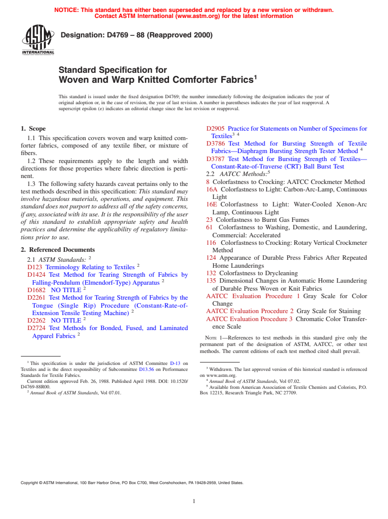 ASTM D4769-88(2000) - Standard Specification for Woven and Warp Knitted Comforter Fabrics (Withdrawn 2009)