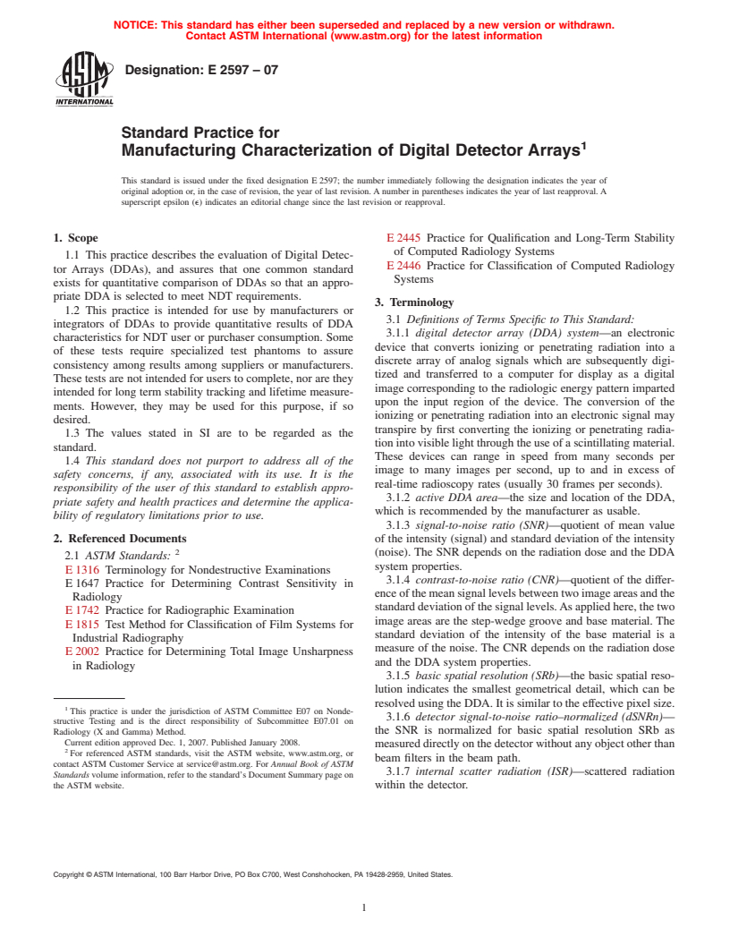 ASTM E2597-07 - Standard Practice for Manufacturing Characterization of Digital Detector Arrays