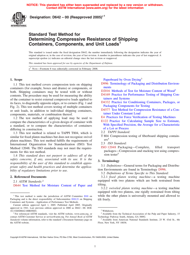 ASTM D642-00(2005)e1 - Standard Test Method for Determining Compressive Resistance of Shipping Containers, Components, and Unit Loads